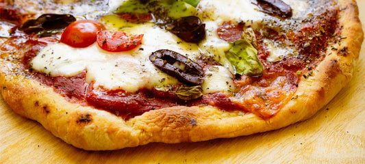 Pizza with Kalamata Olives, Plum Tomatoes and Basil