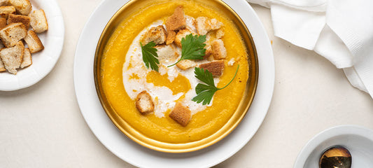 Squash & Sweet Potato Soup with Wild Mushroom & Sage Olive Oil
