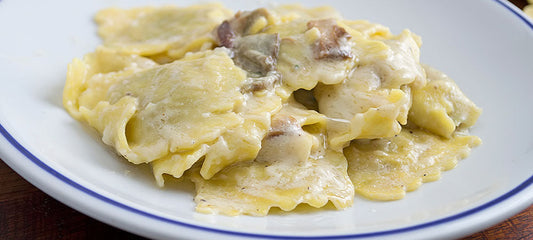 Goat Cheese Ravioli with Caramelized Shallots & Mushroom-Sage Cream Sauce