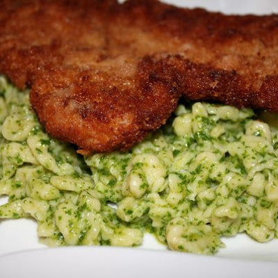 Schnitzel with Baby Arugula Lemon Pesto (pork chops or chicken breasts)