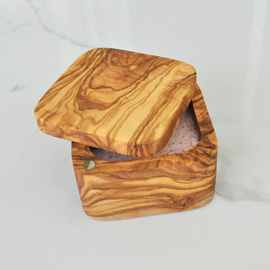Olive Wood Salt Cellar Square with Pivoting Lid