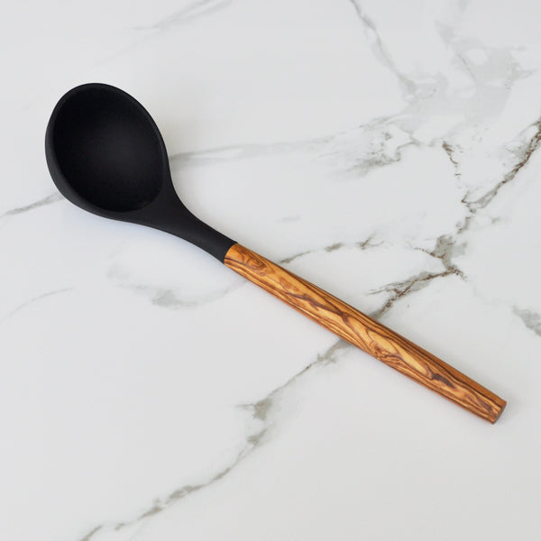 Black Silicone Ladle and Olive Wood Handle - 12"