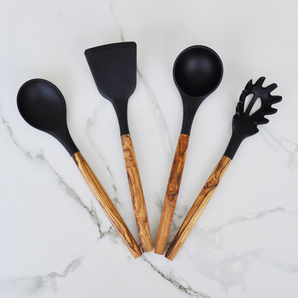 Black Silicone and Olive Wood Utensils - Set of 4
