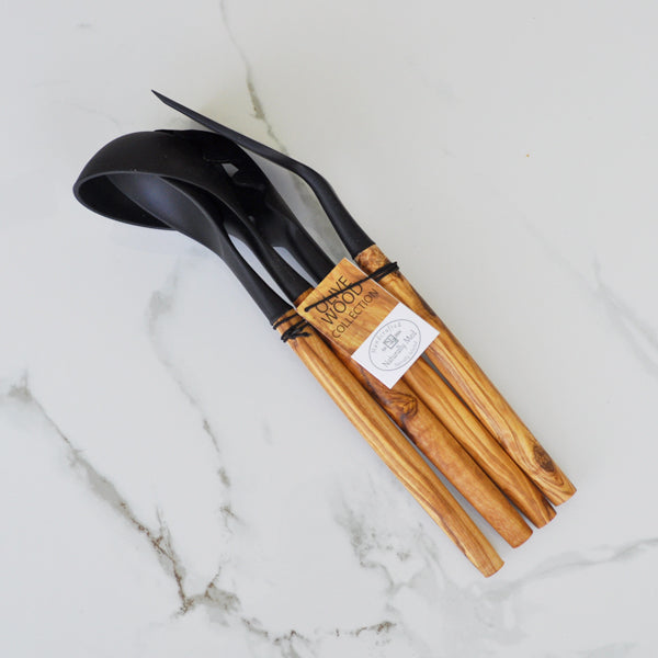 Black Silicone and Olive Wood Utensils - Set of 4