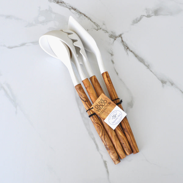 White Silicone and Olive Wood Utensils - Set of 4