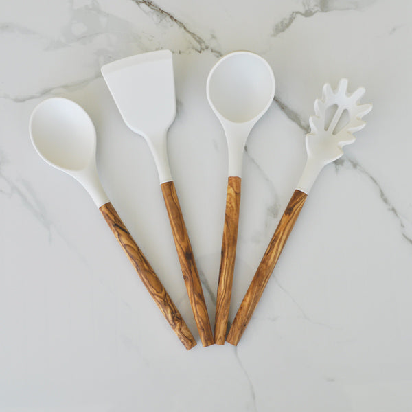 White Silicone and Olive Wood Utensils - Set of 4