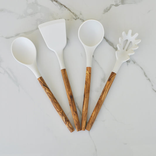 White Silicone and Olive Wood Utensils - Set of 4