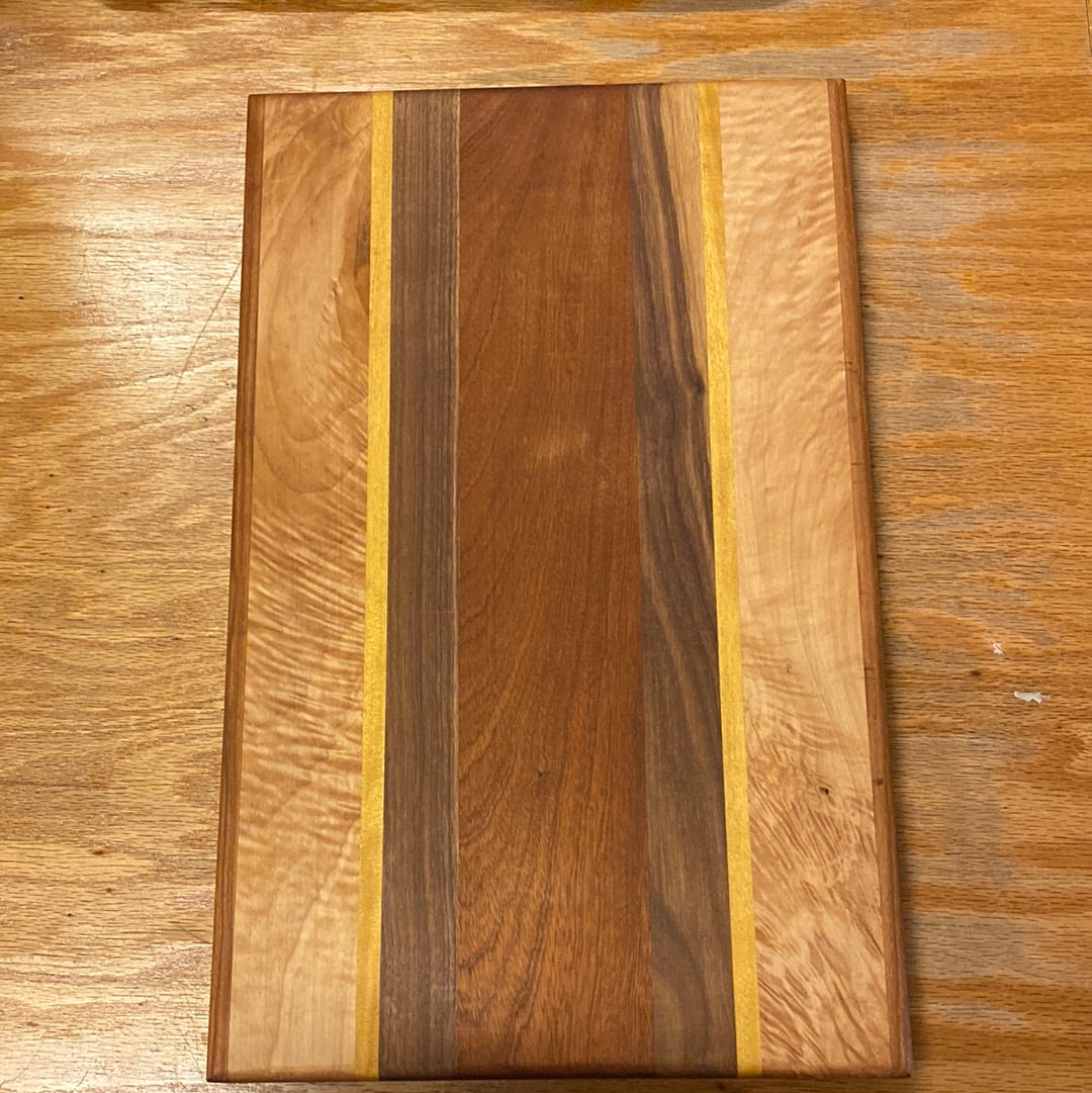 Behind the Fence Wood Cutting Board - Curly Maple Yellow Heart Walnut Sapele
