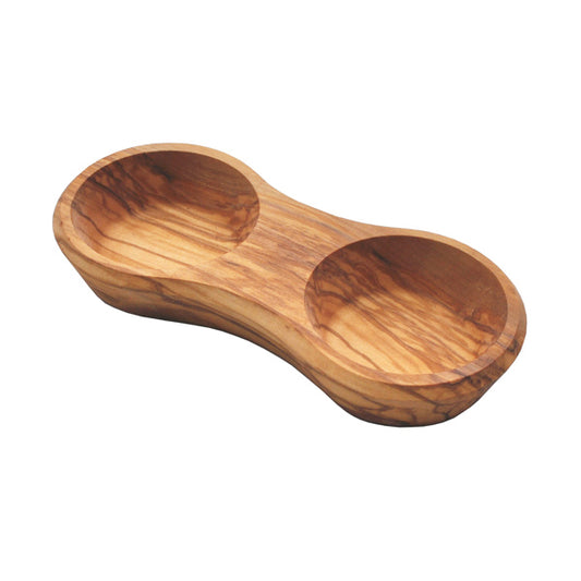 Olive Wood Round Double Dipping Bowl. 7.5 x 3.5