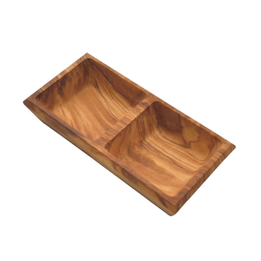 Olive Wood Square Double Dipping Bowl. 7.5" x 3.5"