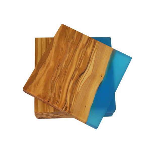 Olive Wood Coaster Set w/ Blue Resin