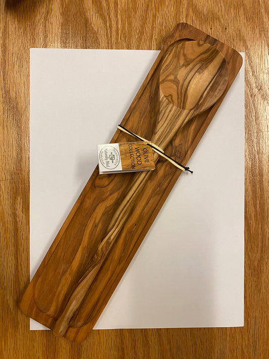 Olive Wood Spoon and Spoon Rest Set